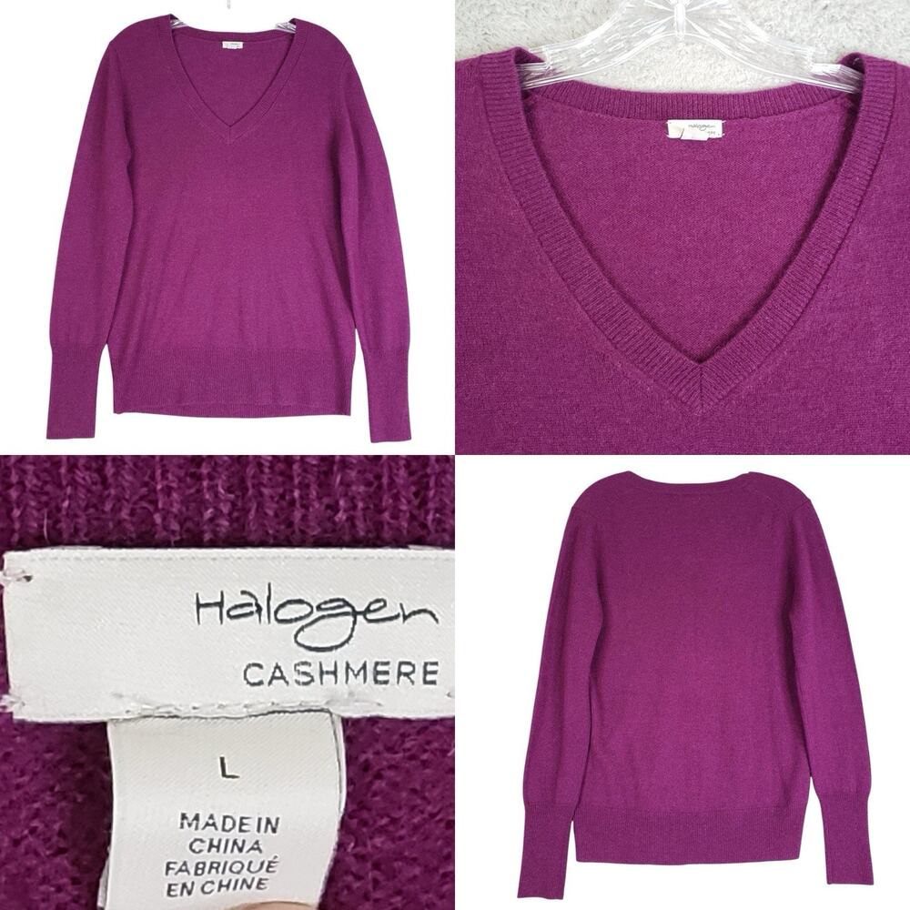 Halogen Sweater Women's L/M 100% Cashmere V-Neck Pullover Plum Purple